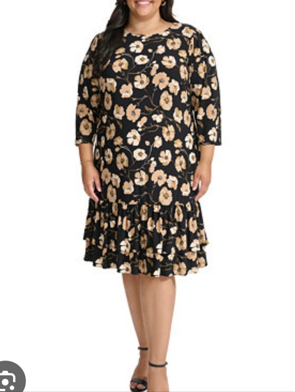 Tommy Hilfiger Floral Midi Dress 20W Plus Size Black Beige Ruffle Hem Long Sleev